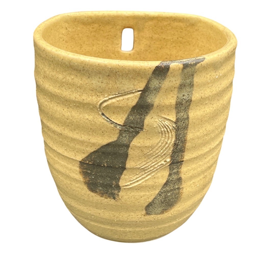 Pottery Yellow‎ Ribbed Wall Pocket Hanging Planter Abstract Asian Stoneware 4.5"